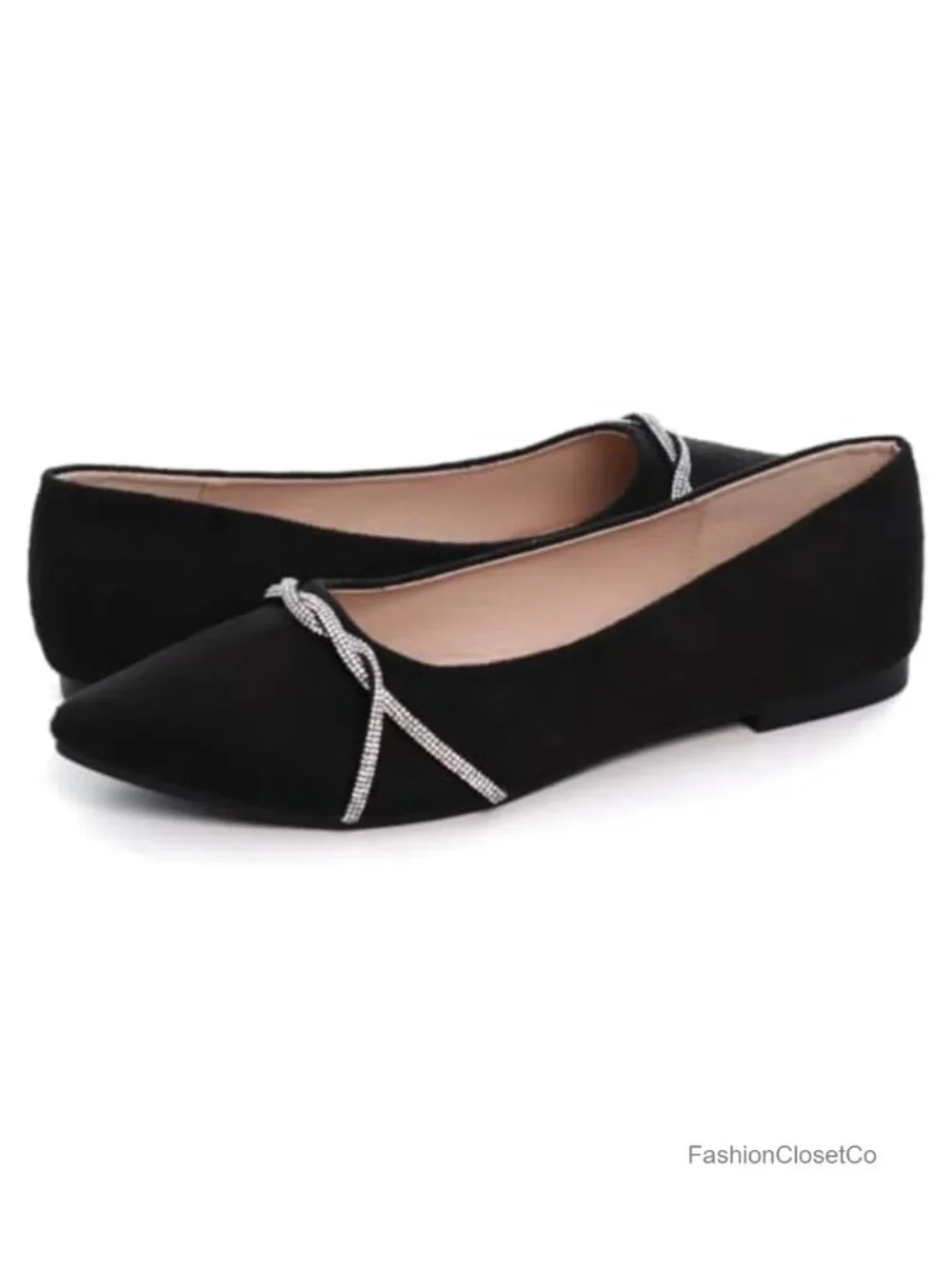 Womens Suede Pointed Toe Rhinestone Ballet Flats Slip On Comfort Dress Shoes - Picture 4 of 6